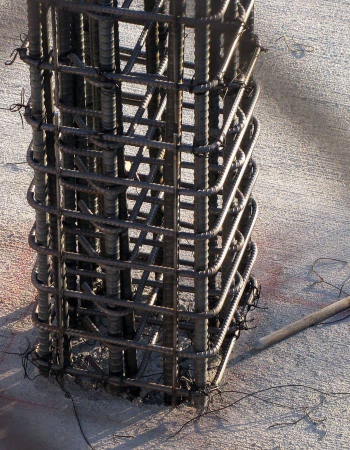 A steel reinforcement cage for a concrete column, seen close up